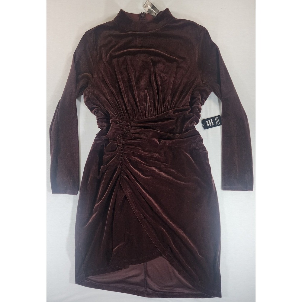 Express Velvet Body Contour Mock Neck Ruched Mini Dress XL Burgundy Long Sleeve